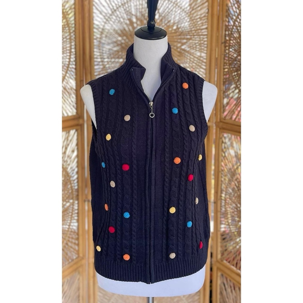 Christopher & Banks Dark Navy Blue Chunky Cable Knit Pom Pom Sweater Vest - Picture 2 of 6